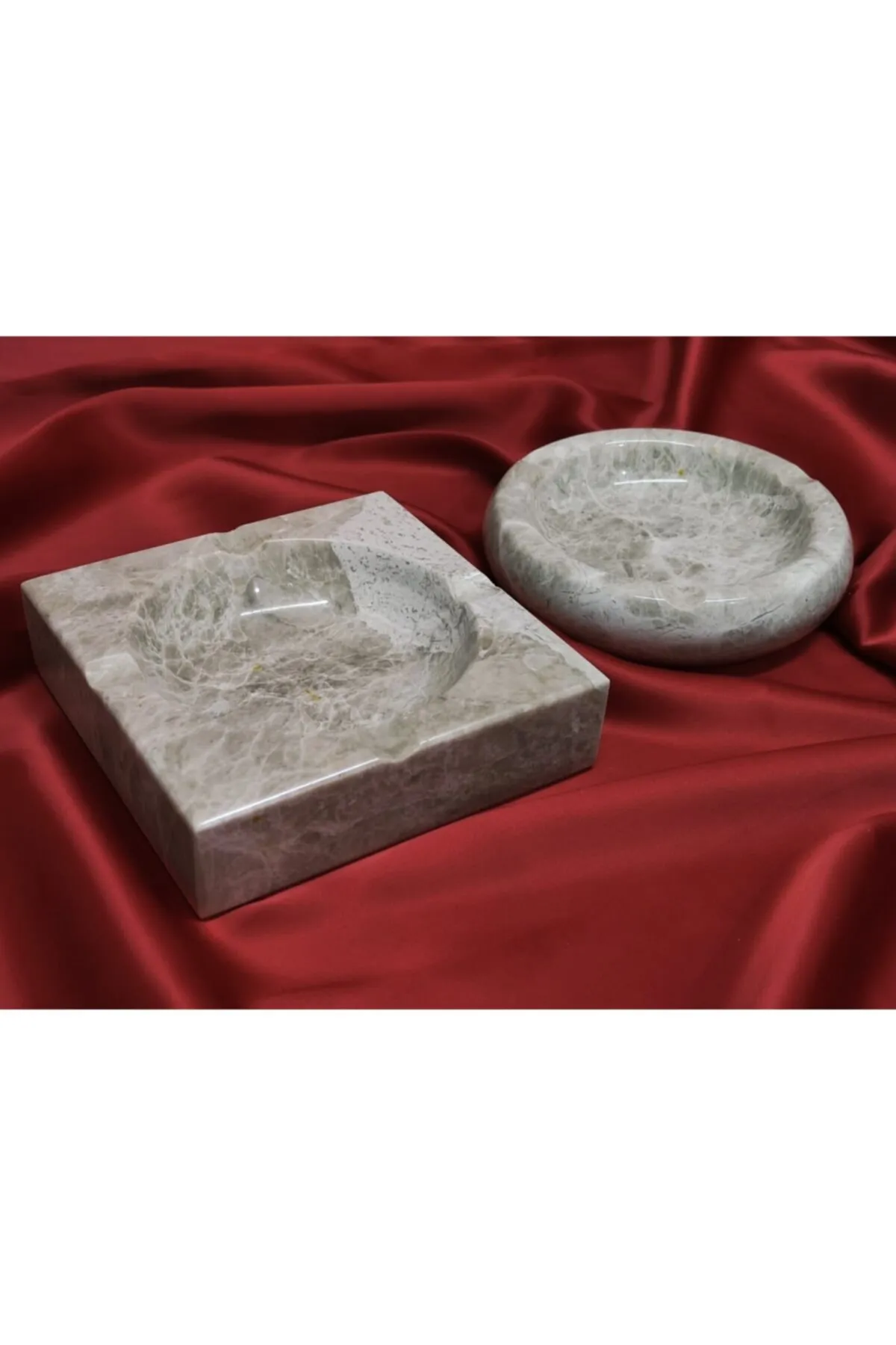Pergamon 2'li Set Bej Mermer Kare Ve Yuvarlak Küllük Kül Tablası görsel 2