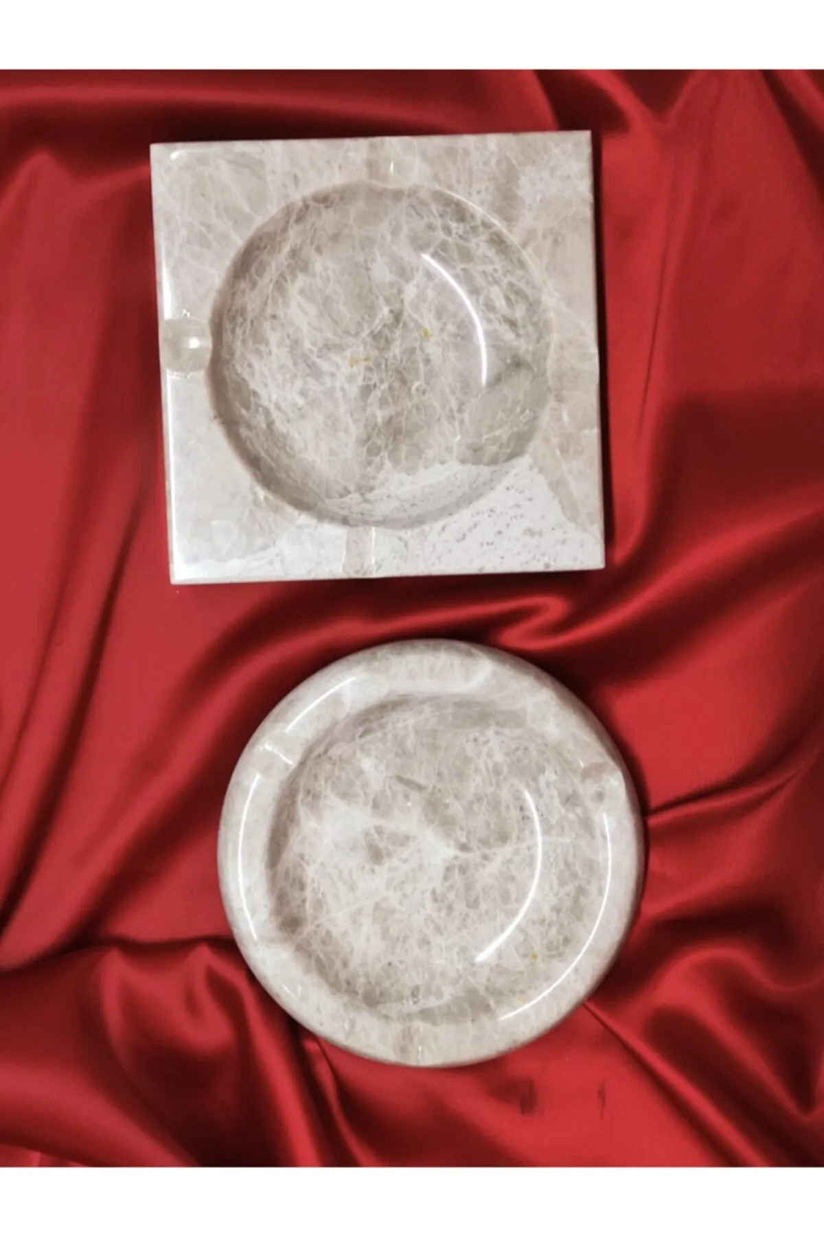 Pergamon 2'li Set Bej Mermer Kare Ve Yuvarlak Küllük Kül Tablası görsel 5