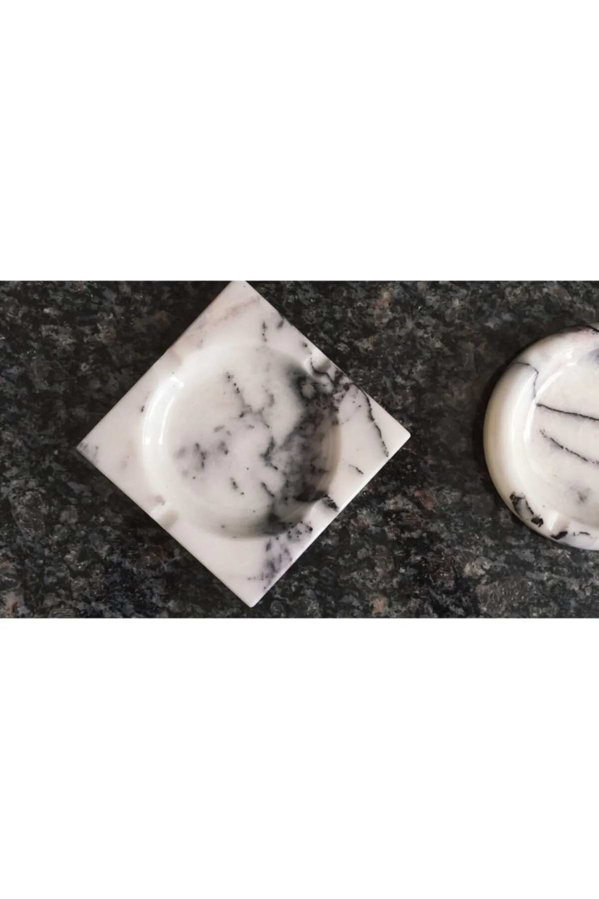 Pergamon 2'li Set Kare Ve Yuvarlak Küllük Kül Tablası Gerçek Mermer görsel 3