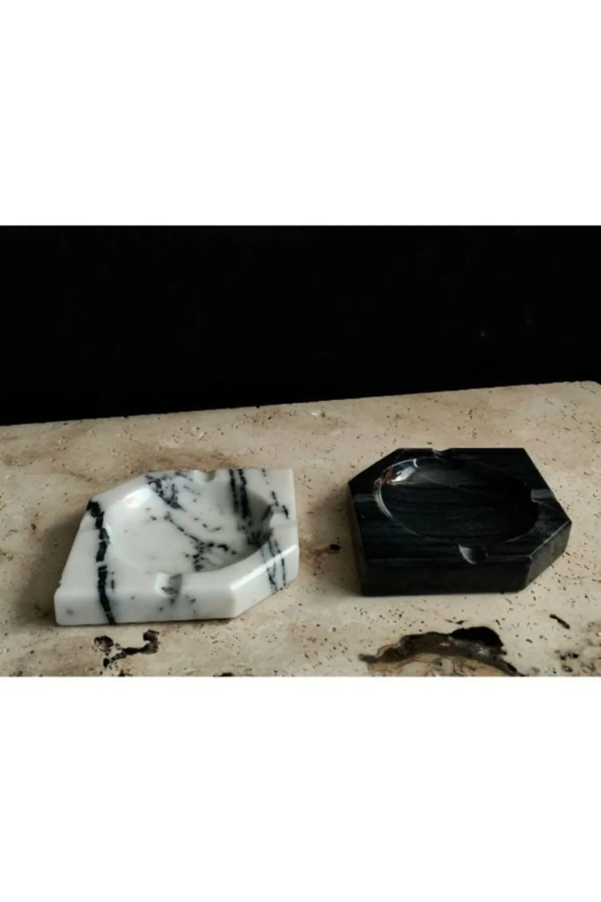 Pergamon Ikili Set Üçgen Model Koyu Gri Ve Leylak Mermer Küllük görsel 2