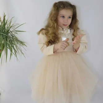 Melek Golden Kız Çocuk Elbise Lolita Elbise Prenses Elbise Uzun Kollu Yay Düğün Balo Elbise