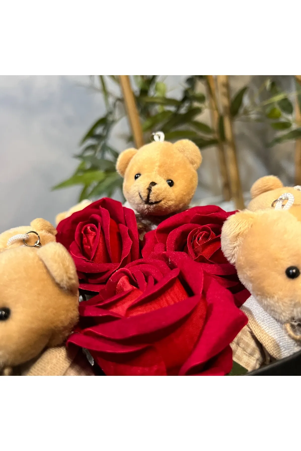 MY-NİL Sevgi Dolu Kalpli Hediye Kutu: 6 Adet Kıyafetli Sevimli Ayıcıklı ve 3 Solmayan Kırmızı Kadife Gül görsel 3