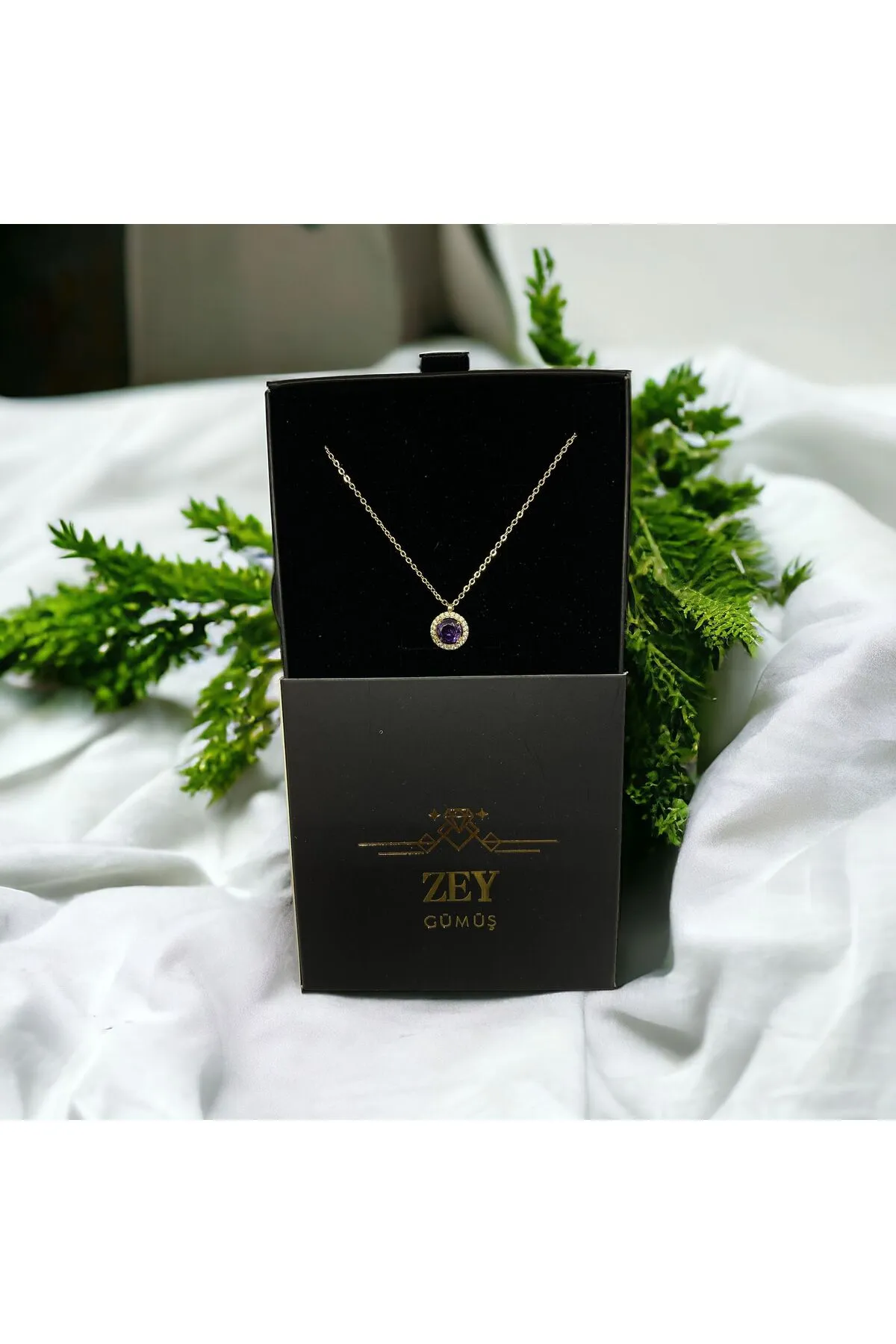 ZEY GÜMÜŞ Altın Renk Mor Taş Yuvarlak Model Zirkon Kolye (ÇEKMECELİ KOLYE KUTUSUNDA) görsel 3