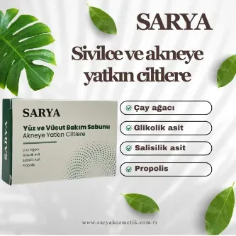 SARYA COSMETİC Sivilce ve akne sabunu Çay ağacı Glikolik asit Salisilik asit Propolis 100 Gr